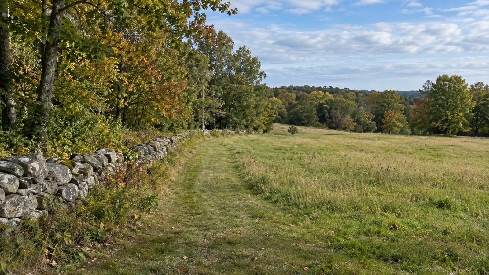 A mown path beside a low fieldstone wall at the edge of a gently rolling meadow