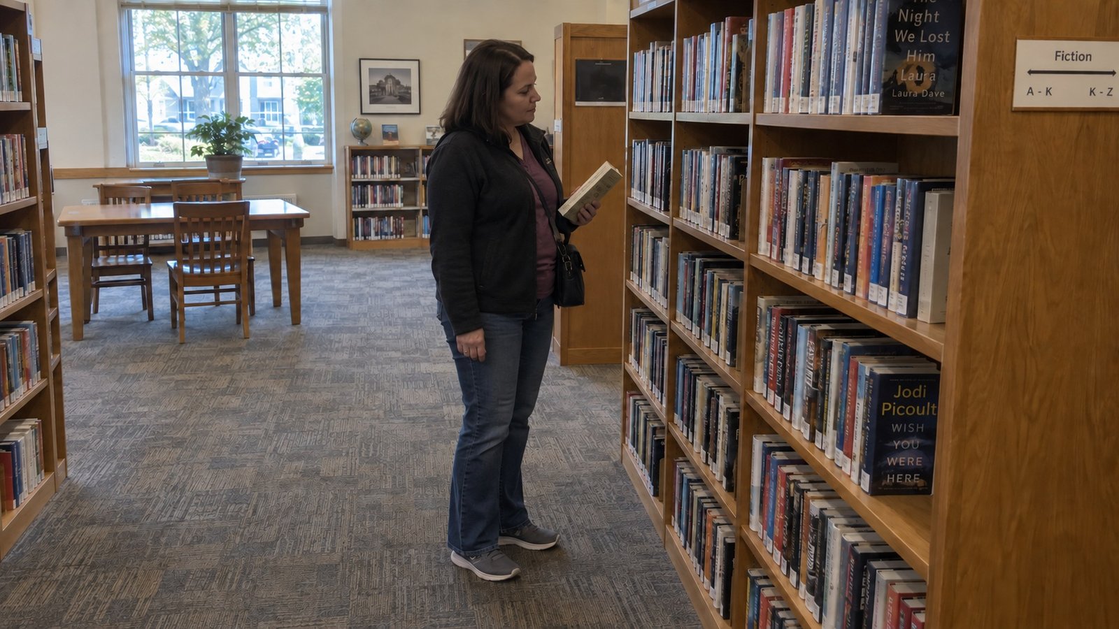 A woman holding a paperback beside wooden library shelves with a reading table behind her