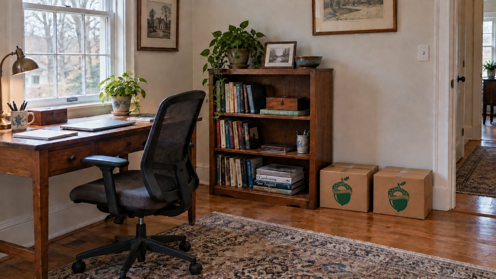 A wooden desk, black office chair and bookcase with two small branded cartons on the floor