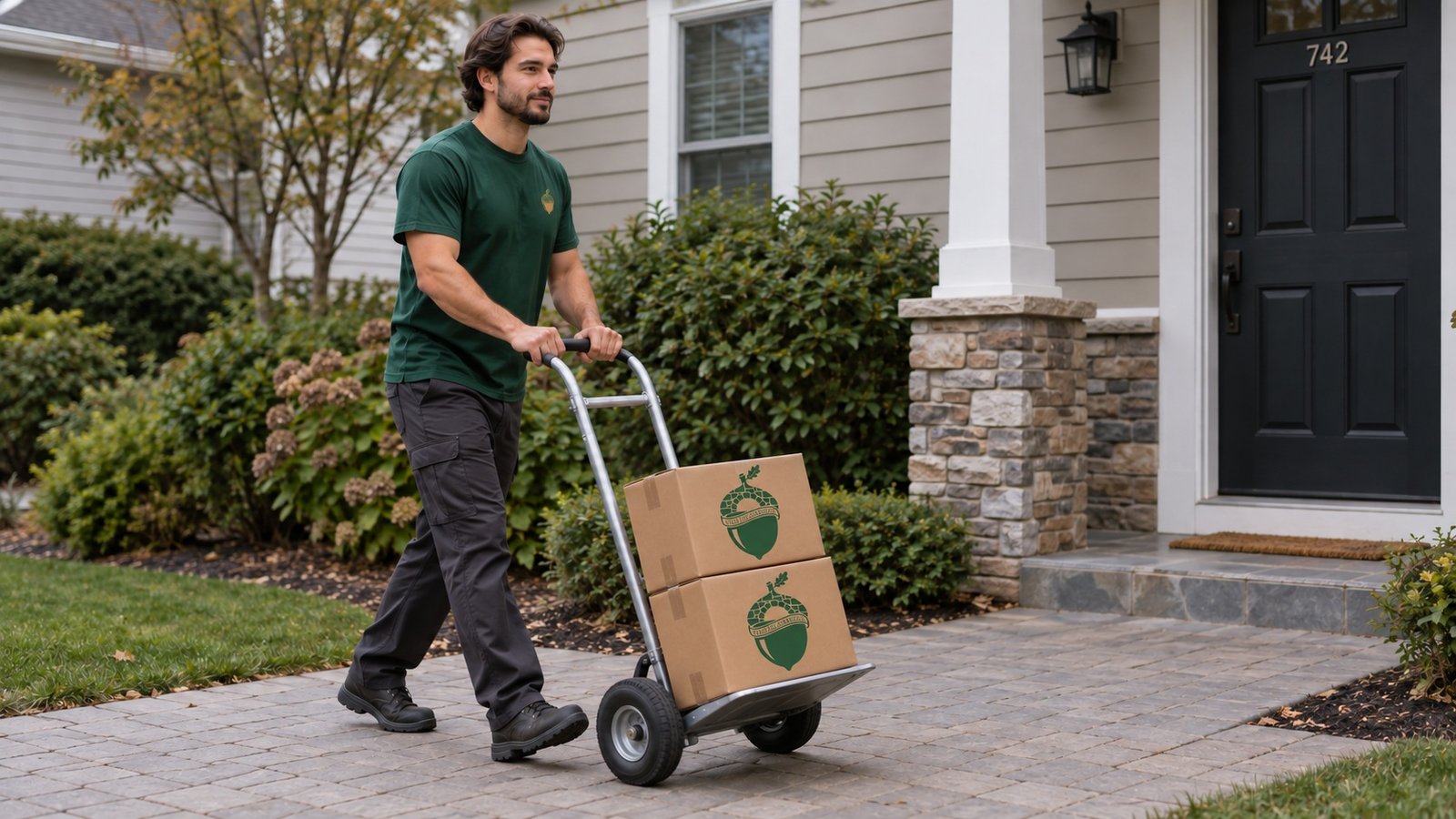 Moving packed cartons along a clear path A male mover guiding a hand truck with two small branded cartons along a paved path