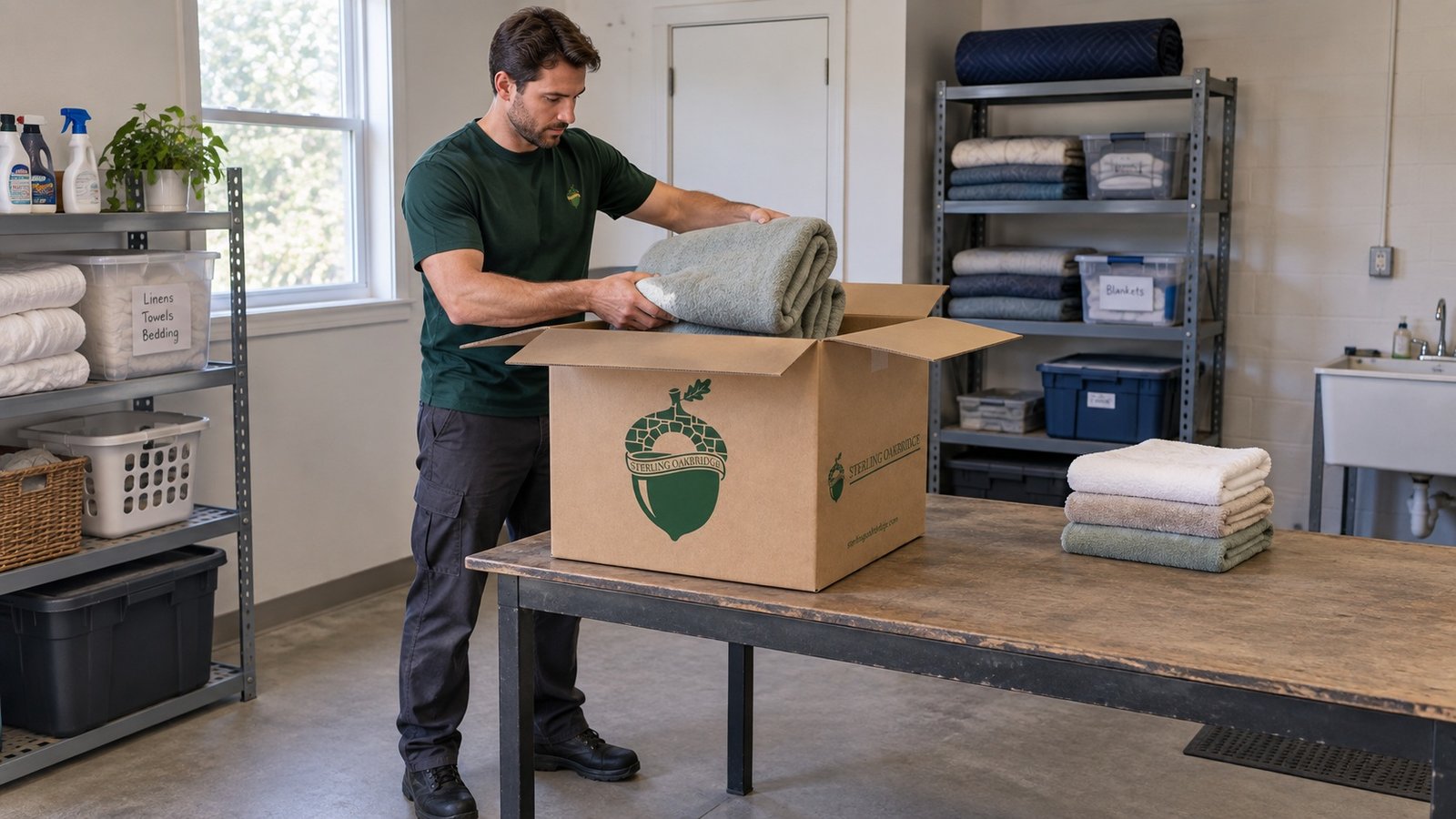 Packing bedding and towels A male mover in a green shirt placing a folded blanket into an open branded carton on a worktable