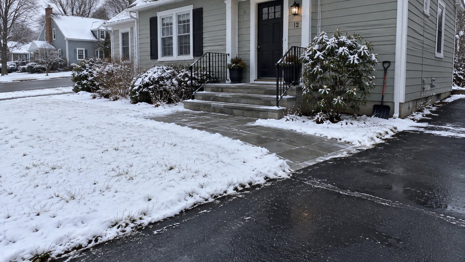 A cleared walkway and entrance steps beside a snowy lawn, with a shovel against the house