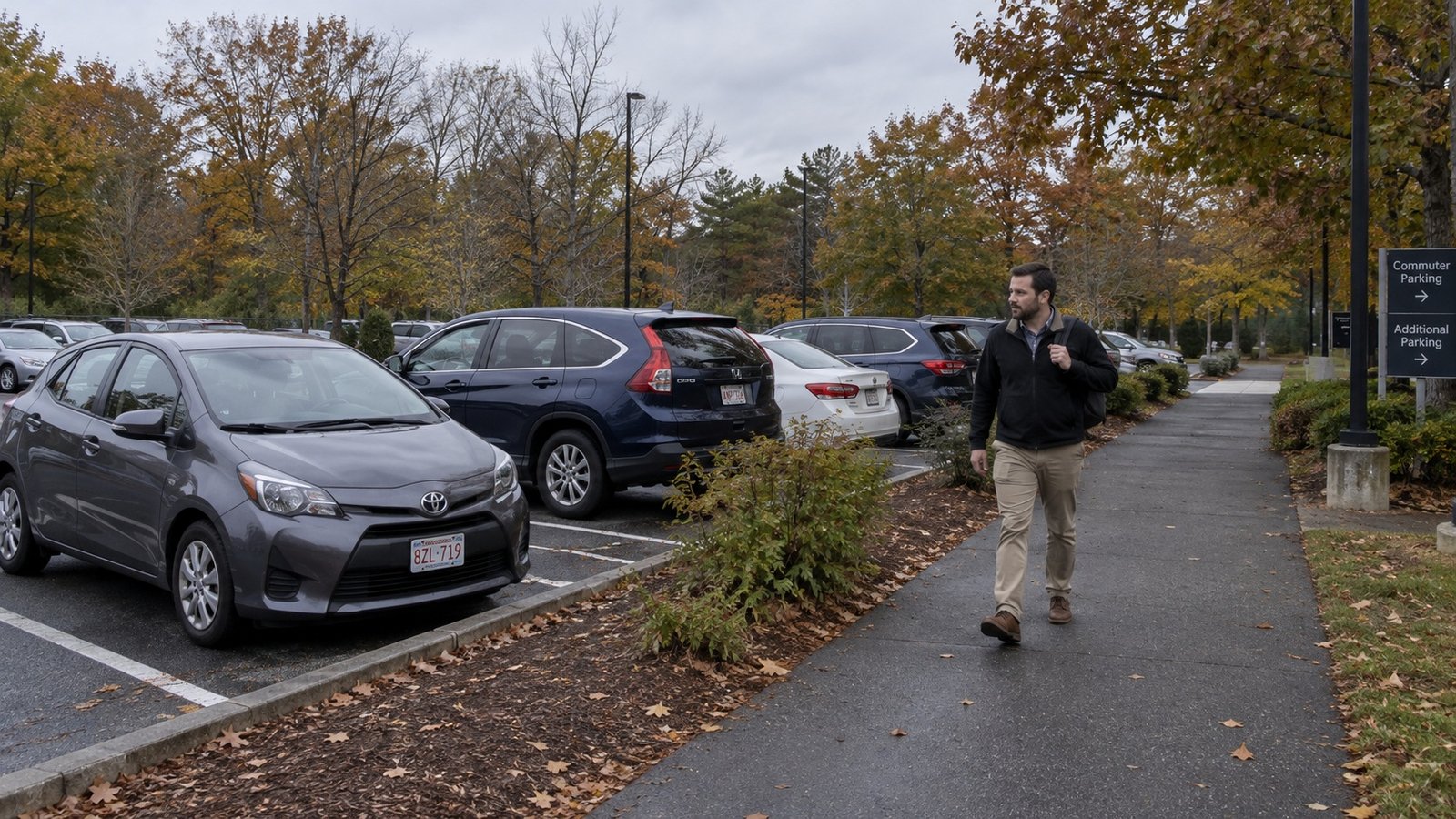 A man walking on a paved footpath beside parked cars and autumn trees