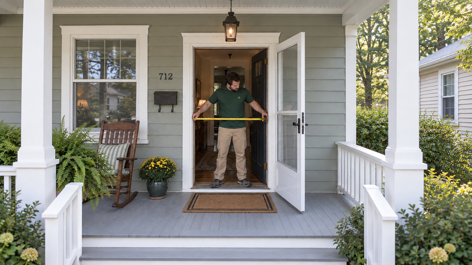 Measuring a doorway Man in a green Sterling Oakbridge shirt measuring a front doorway with a tape