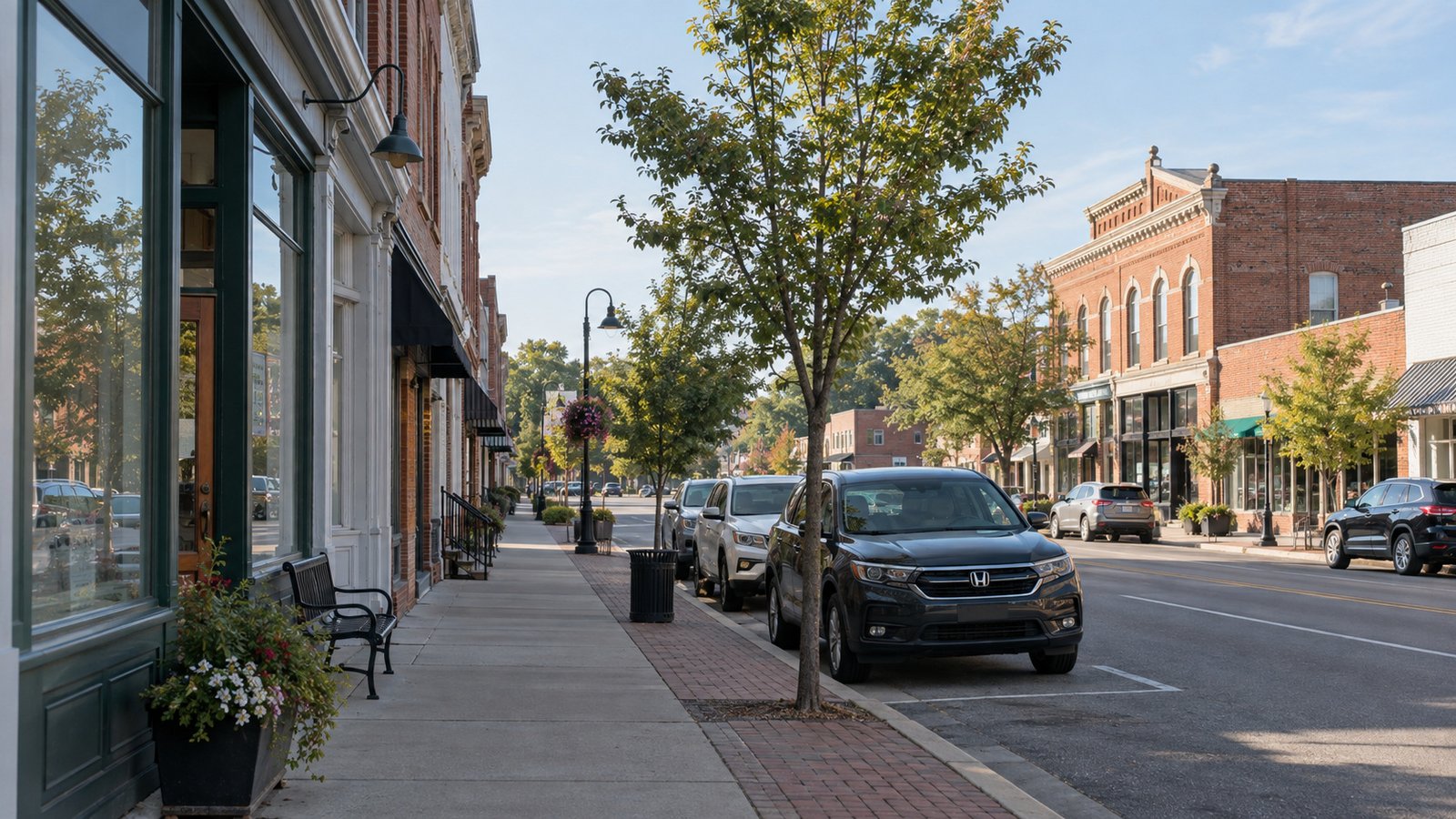 Brick storefronts, sidewalk trees and parked cars on a representative Ohio main street