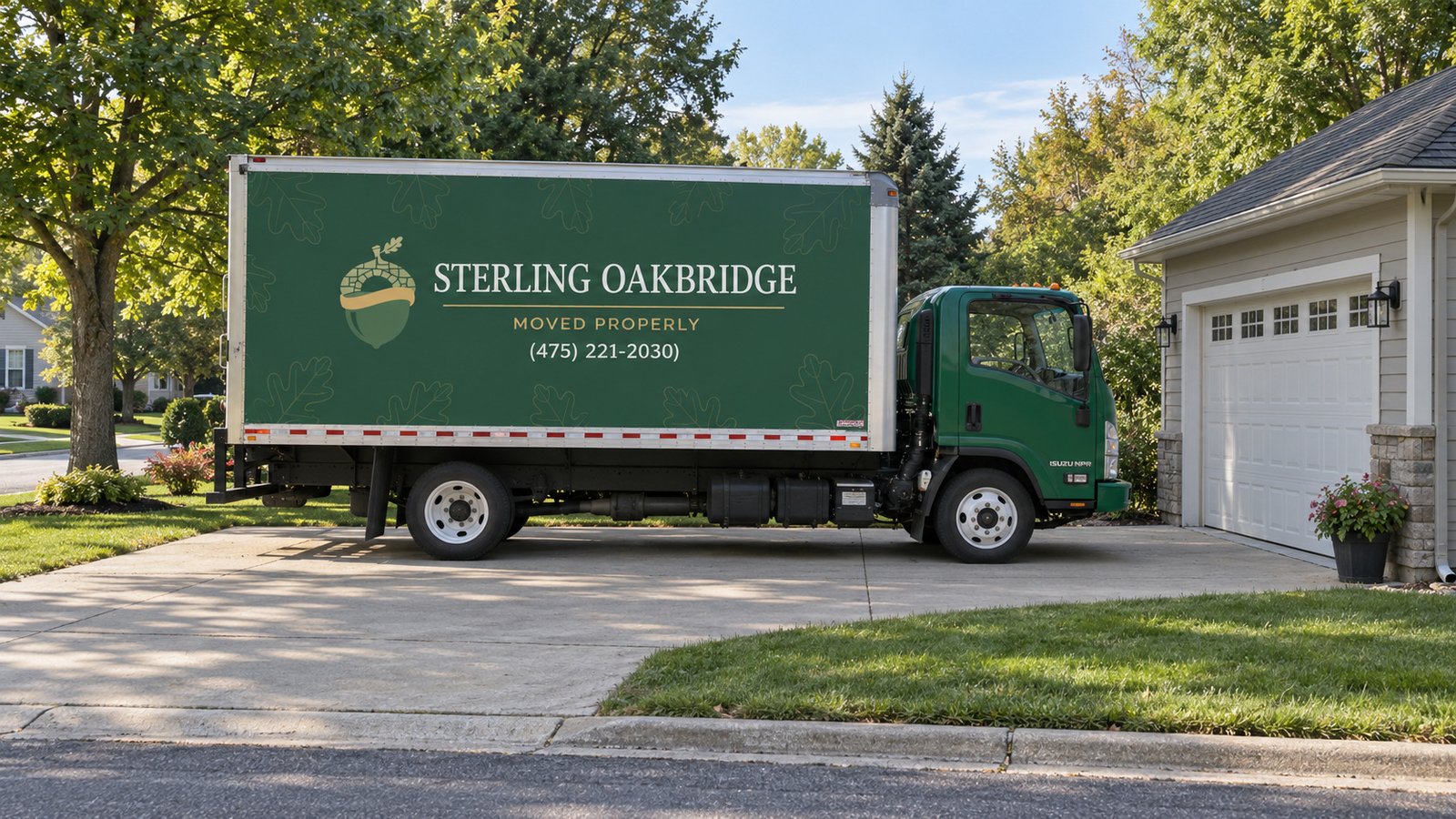 A proposed private truck position Green Sterling Oakbridge Isuzu box truck on a paved private driveway beside a garage