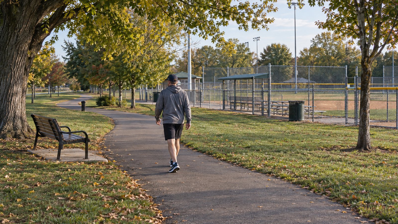 Person walking on a paved park path beside fenced ballfields