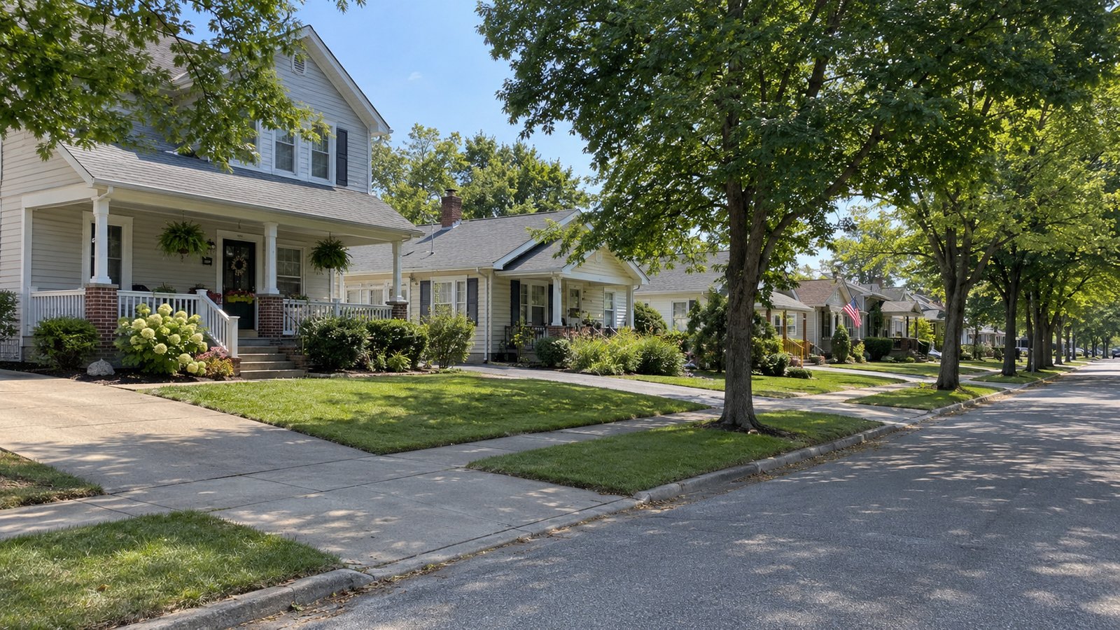 An ordinary residential street Older houses, porches, paved driveways and mature trees along a quiet Ohio street