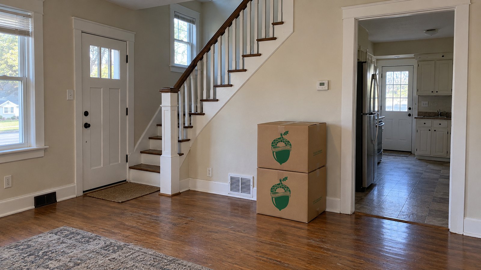Wooden staircase, living-room passage and two closed kraft cartons in an older home