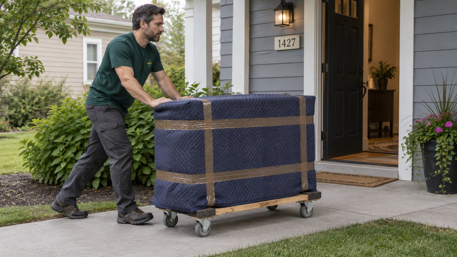 Guiding a protected furniture load Man guiding a blanket-wrapped dresser on a low wooden furniture dolly along a level sidewalk