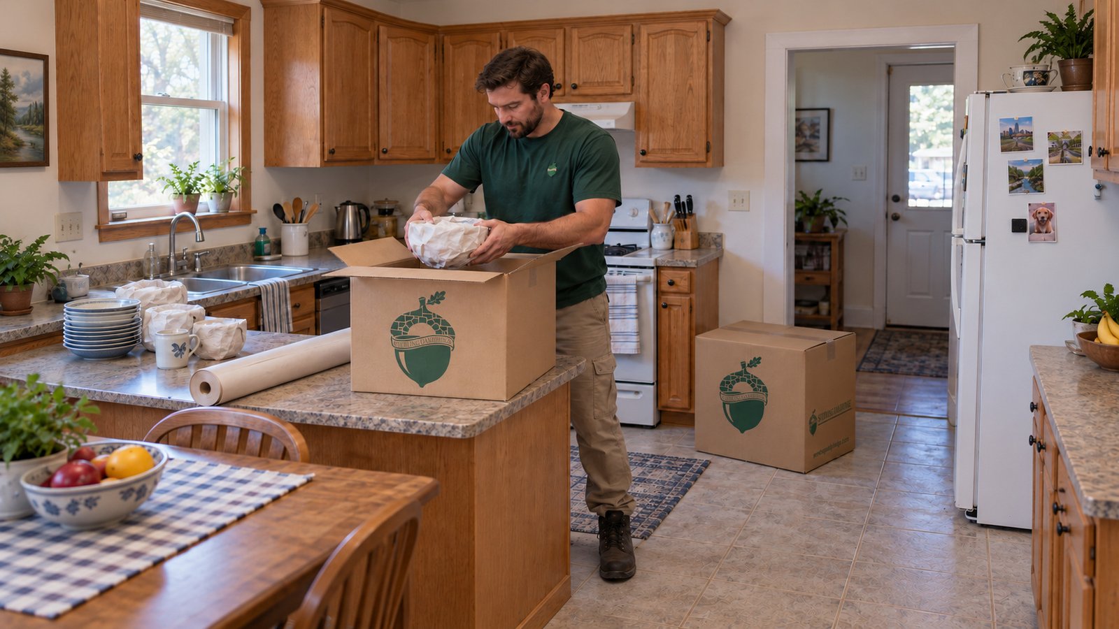 Packing a wrapped bowl Man lowering a paper-wrapped bowl into an open kraft carton in a kitchen