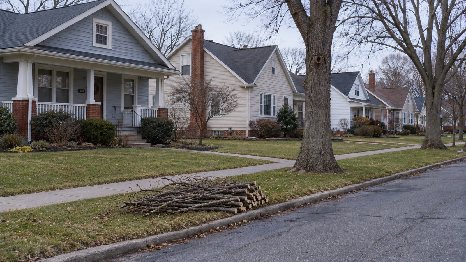 One small pile of aligned slender branches on the grass strip between sidewalk and curb
