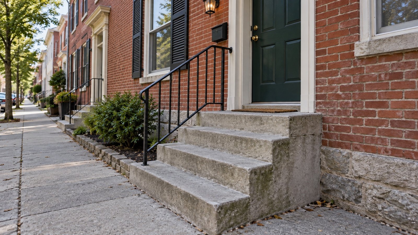 Four concrete steps with a black handrail leading to a dark green door in a brick facade