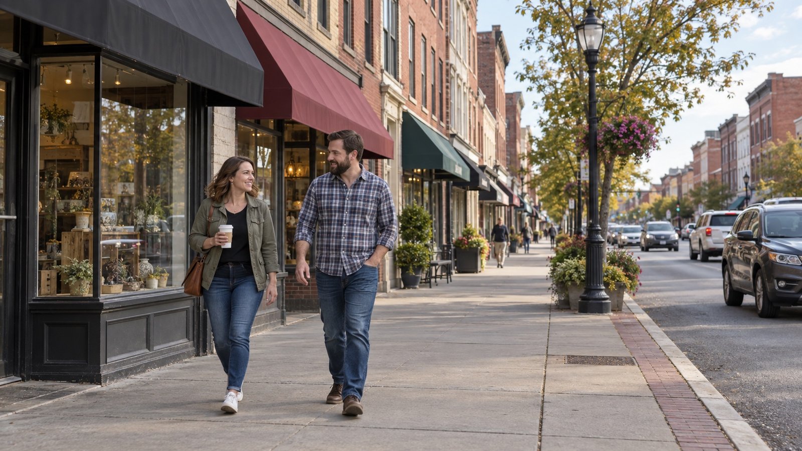 Two adults walking on a sidewalk beside brick storefronts and restrained awnings