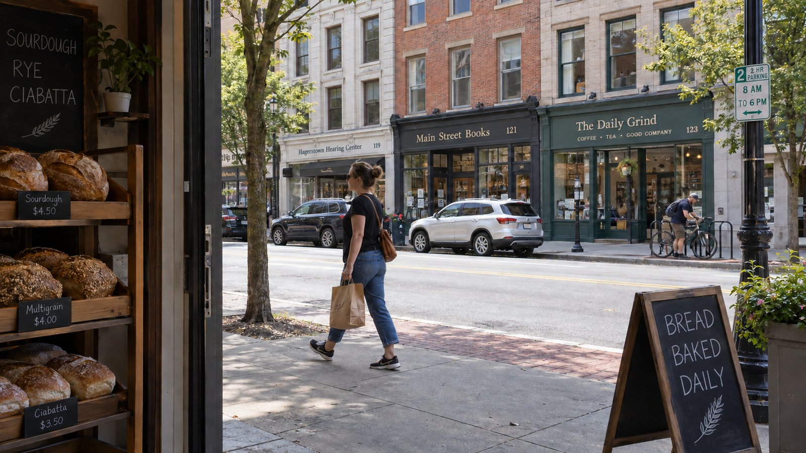 An ordinary downtown errand in the Hagerstown guide View from a bakery entrance toward a woman carrying bread, opposite storefronts and a bicycle rack
