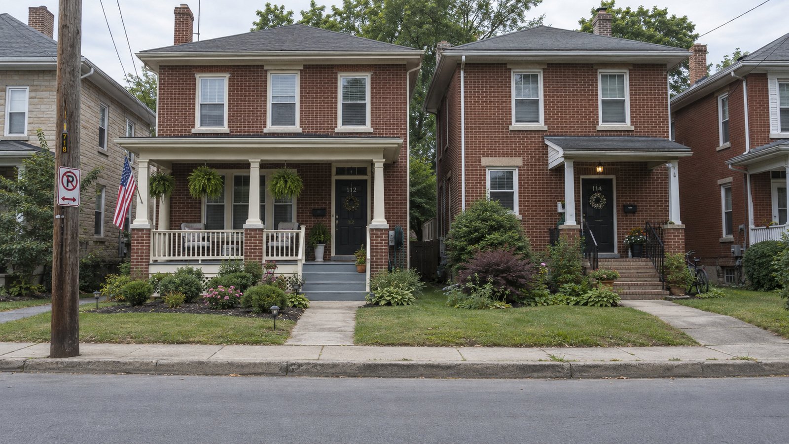 Hagerstown homes with different curb-to-door routes Two brick homes with different porches, short garden paths and separate steps from the sidewalk