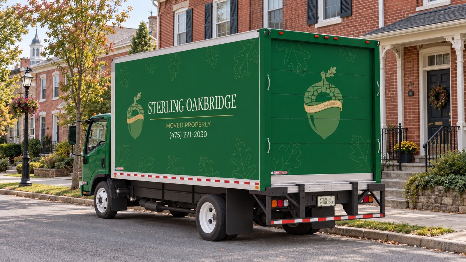 Green Sterling Oakbridge box truck with a closed rear door beside a residential curb