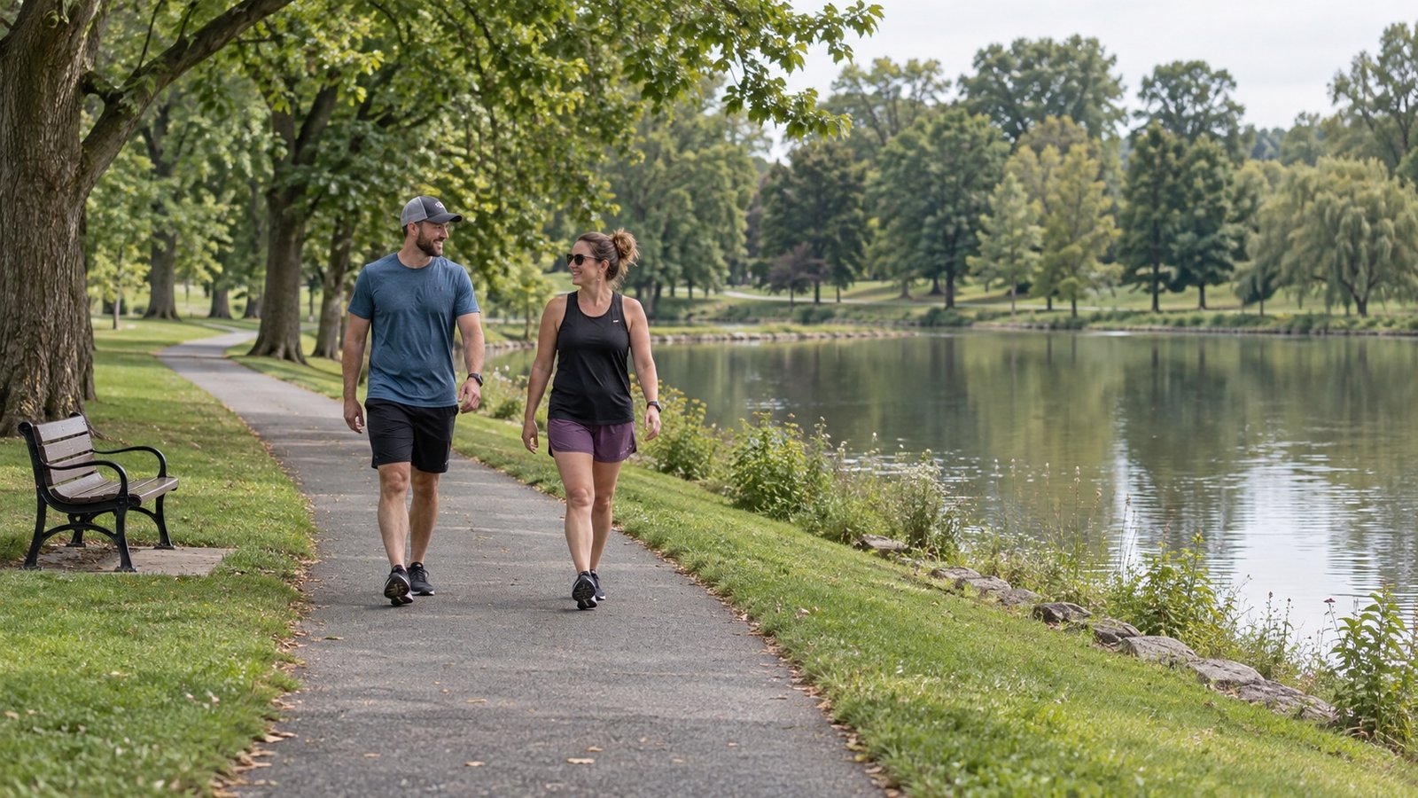 Two adults walking on a paved path beside a pond, grass and mature trees