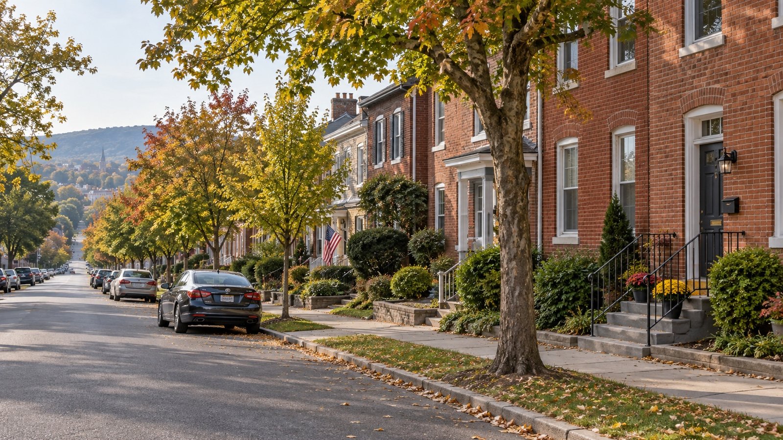 Brick houses with front steps, street trees and parked cars along a gently sloping residential street