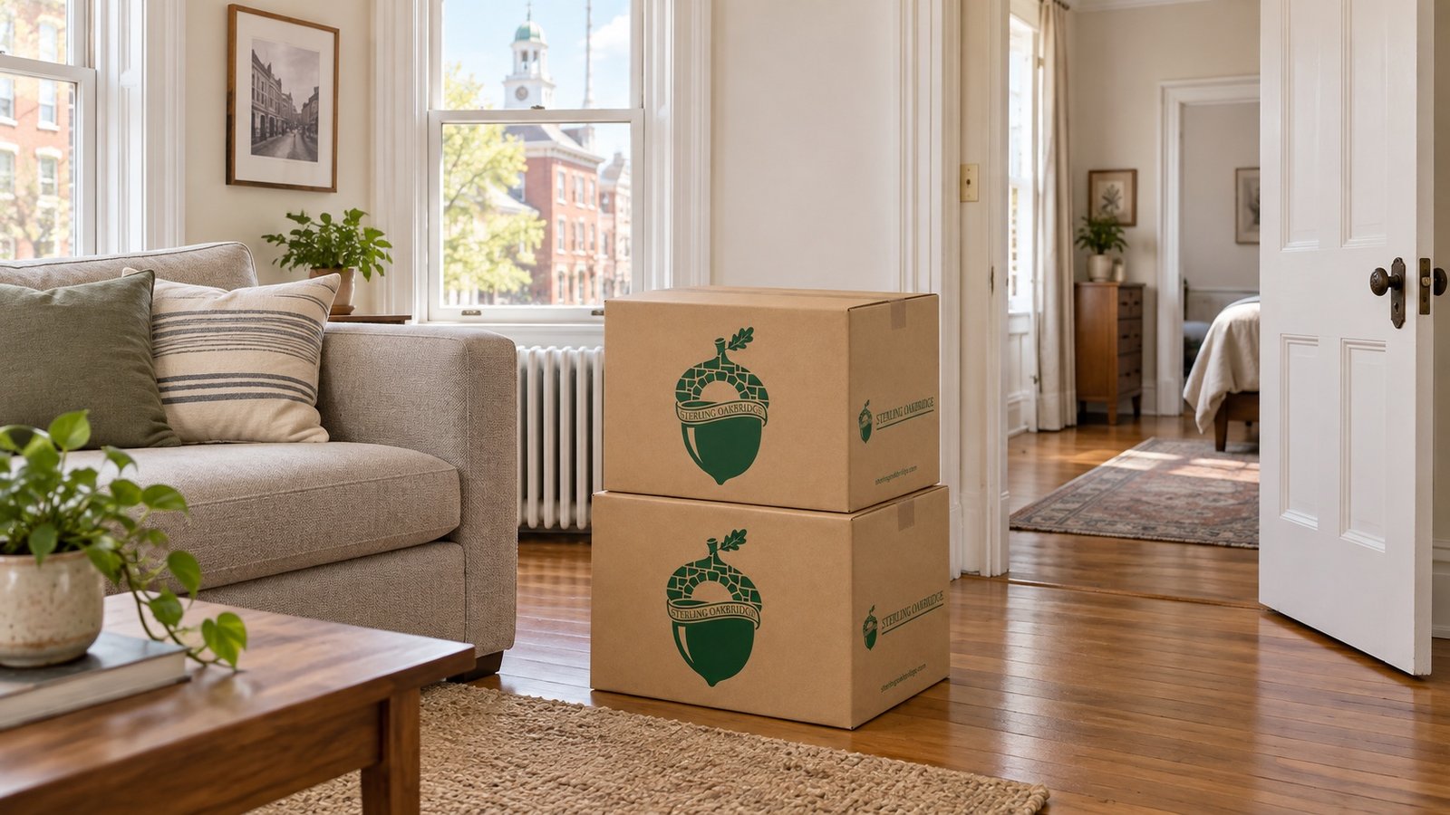 Two closed branded kraft cartons beside a sofa and tall apartment windows