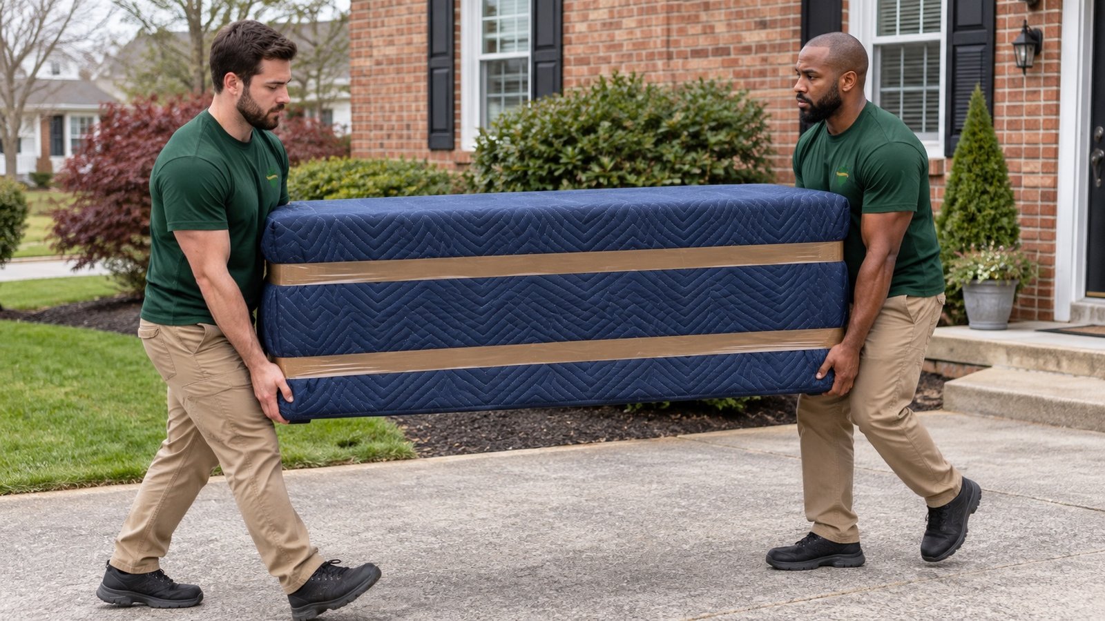 Two movers carrying a fully blanket-covered item secured with brown packing tape