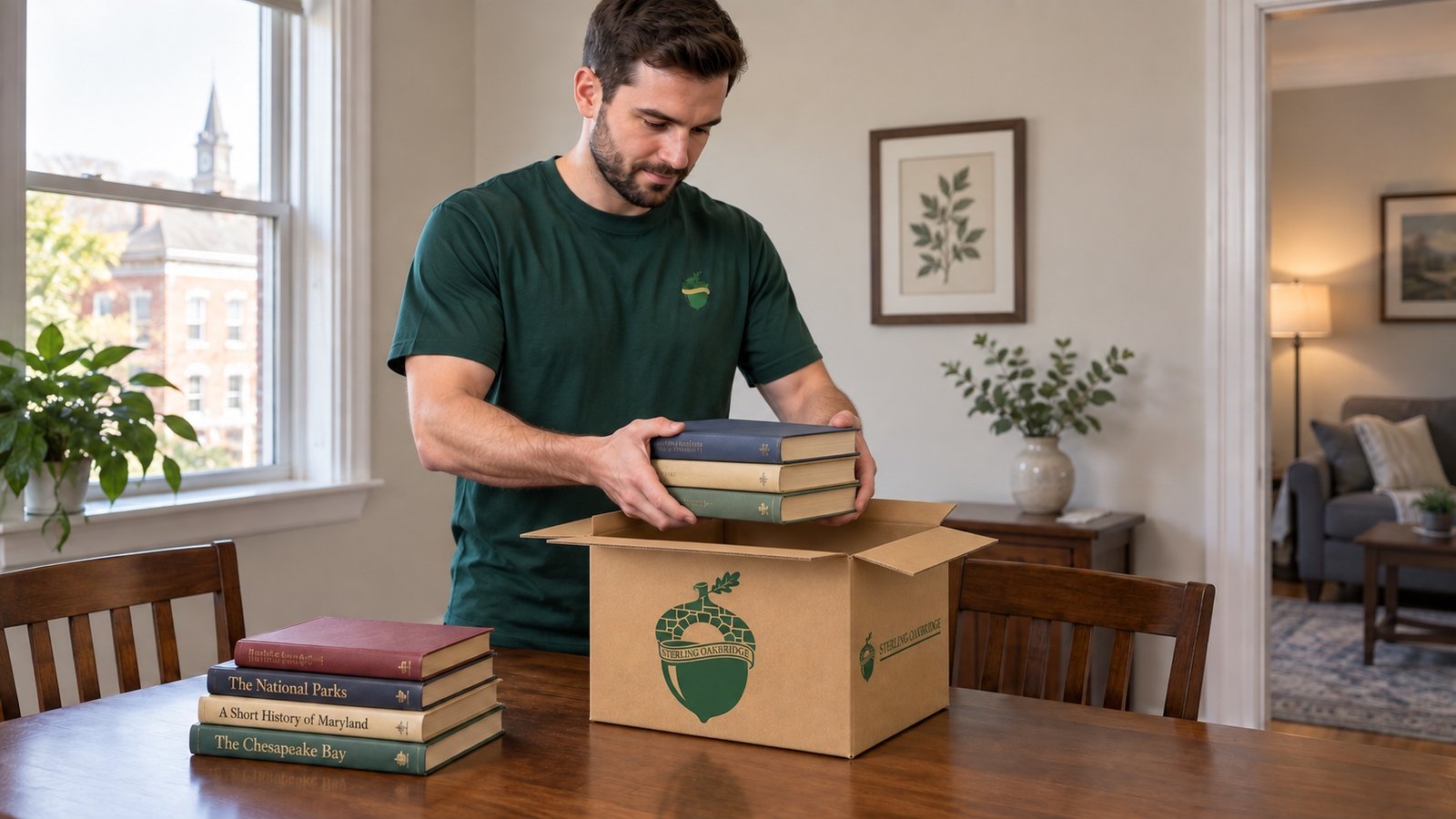 Mover in a dark green crewneck supporting a stack of books above a compact branded kraft carton