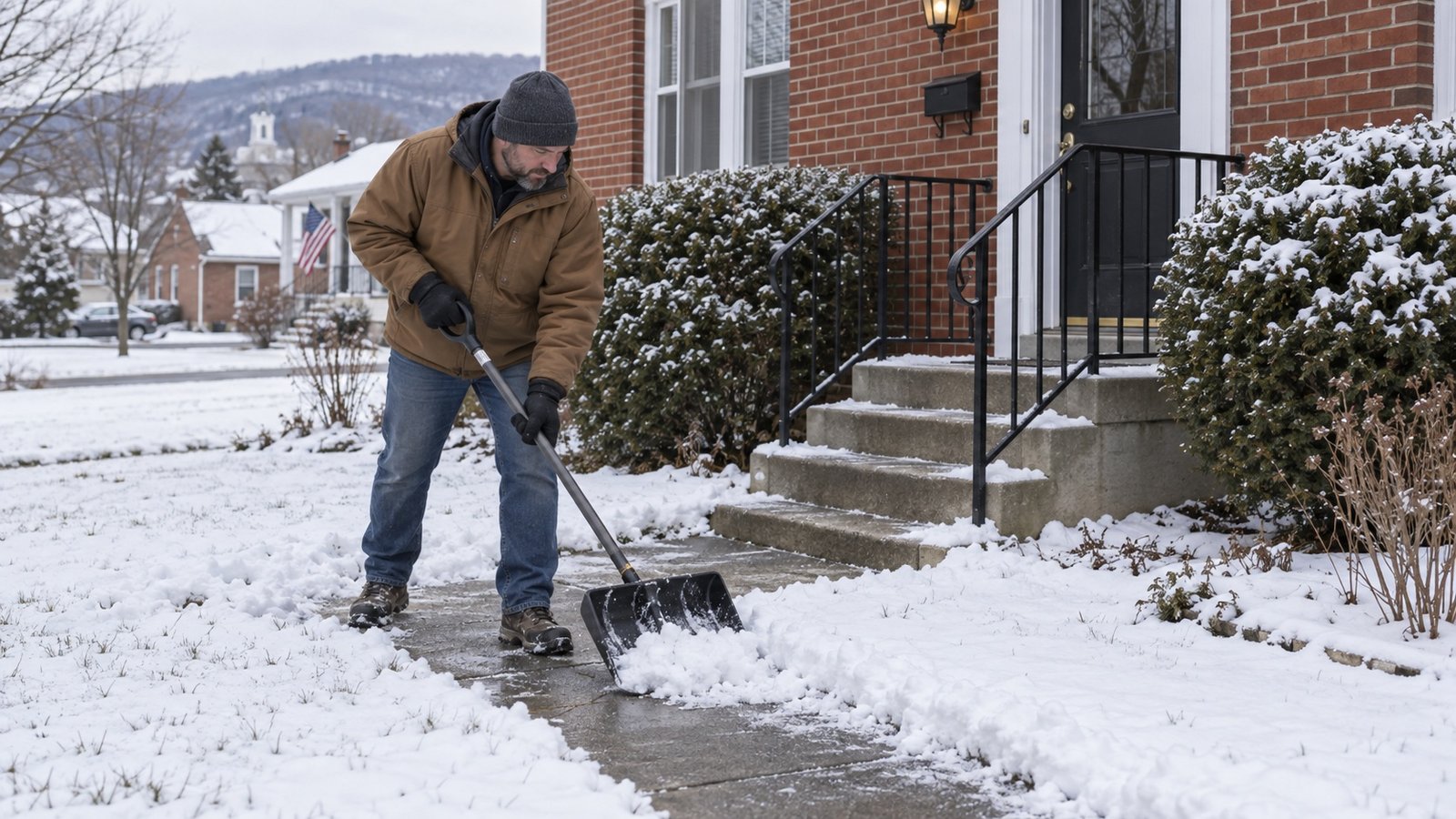 Resident clearing a short snowy path with a shovel beside a brick-house entrance