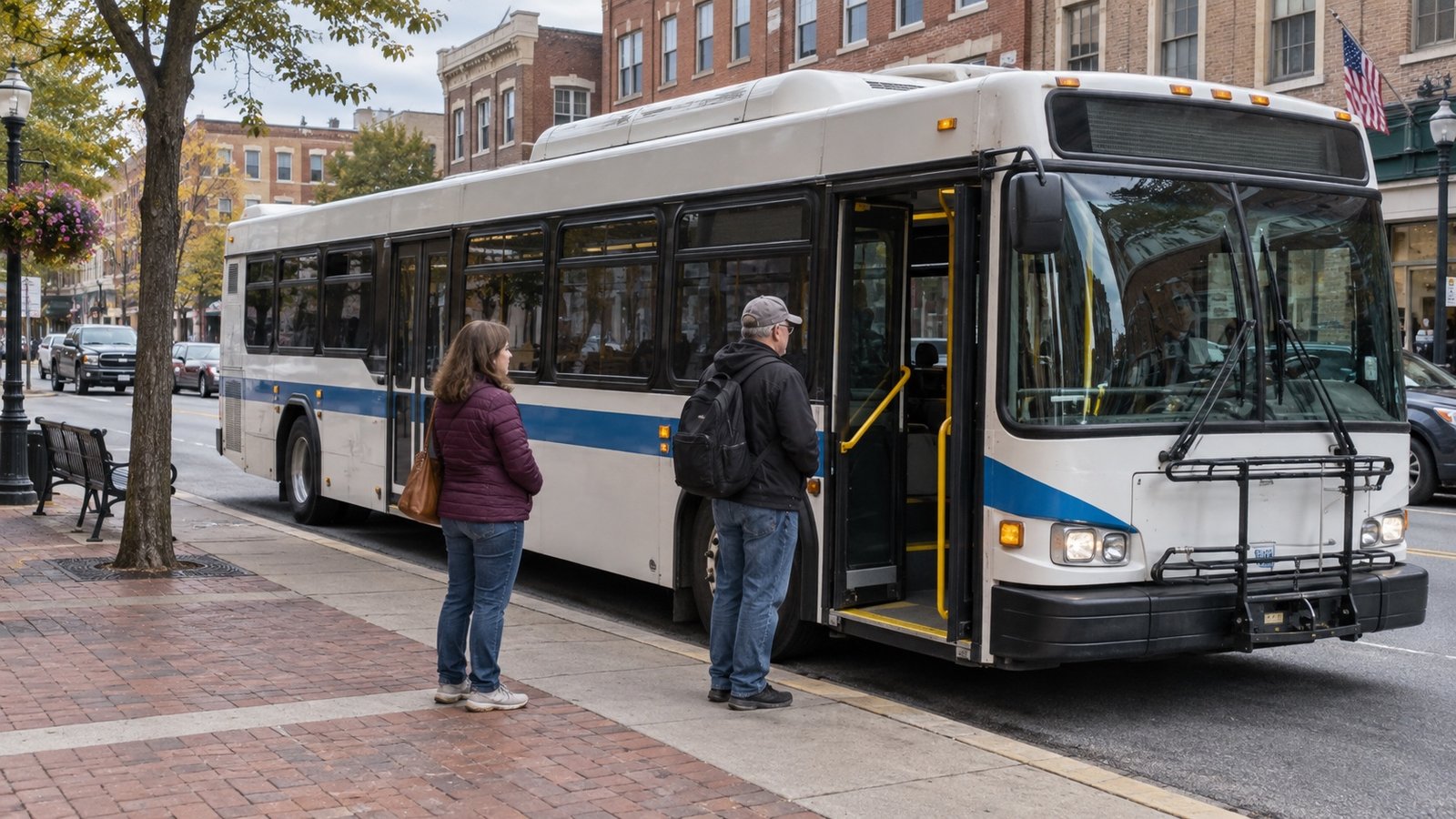 Two people on a sidewalk beside the open passenger door of a white and blue bus