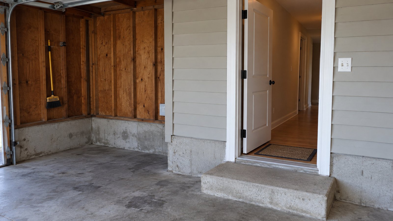Checking the route through a side entrance An open house door above a concrete step inside an empty garage