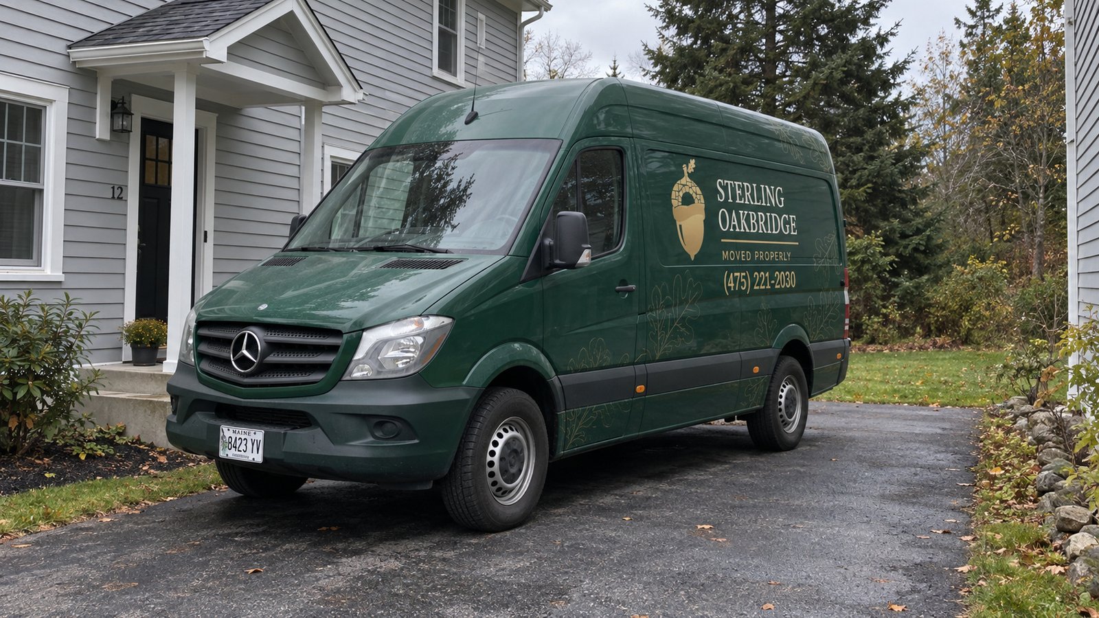Planning the vehicle position A green Sterling Oakbridge Sprinter van parked on a paved drive beside a gray house