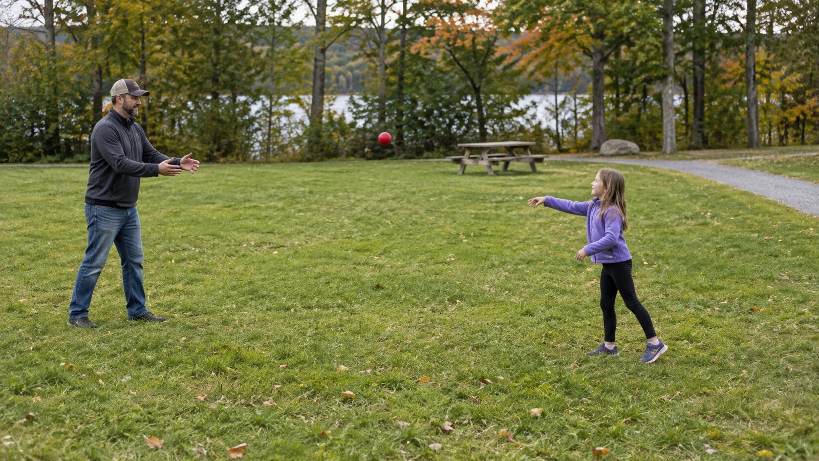 An adult and child tossing a red ball on grass beside a tree-lined path