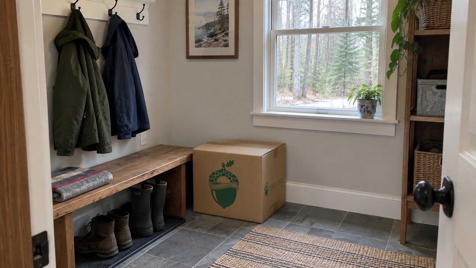 A mudroom with coats, boots, a wooden bench and a kraft Sterling Oakbridge carton