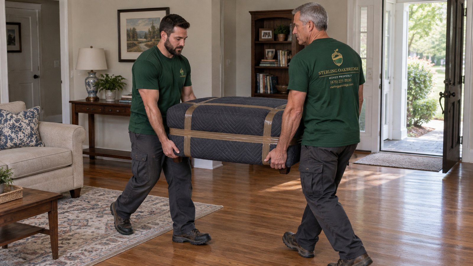 Handling protected furniture Two Sterling Oakbridge movers carrying a small piece of furniture wrapped in a dark moving blanket