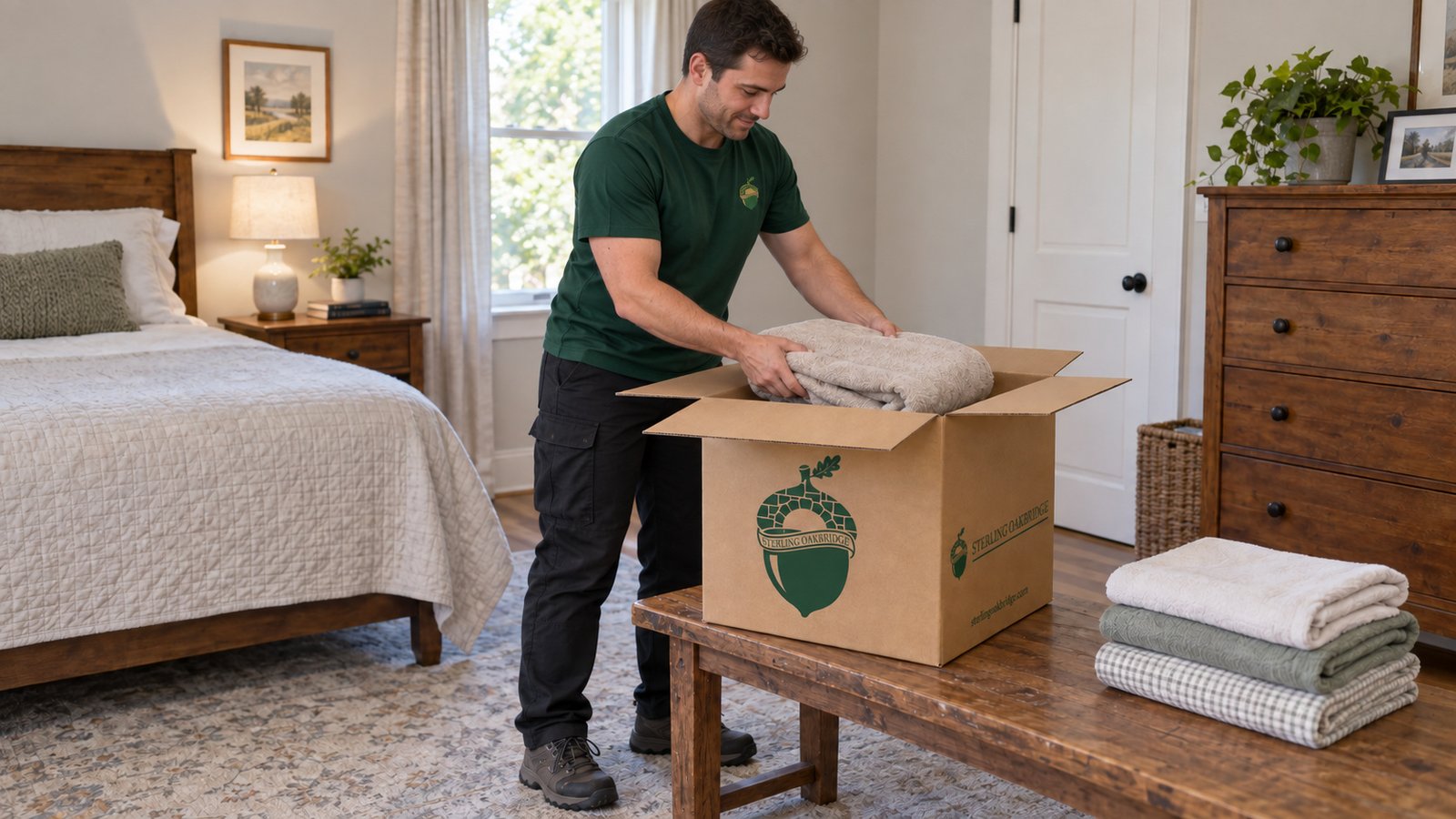 Packing household linens A mover placing a folded blanket into a kraft Sterling Oakbridge carton on a wooden bench