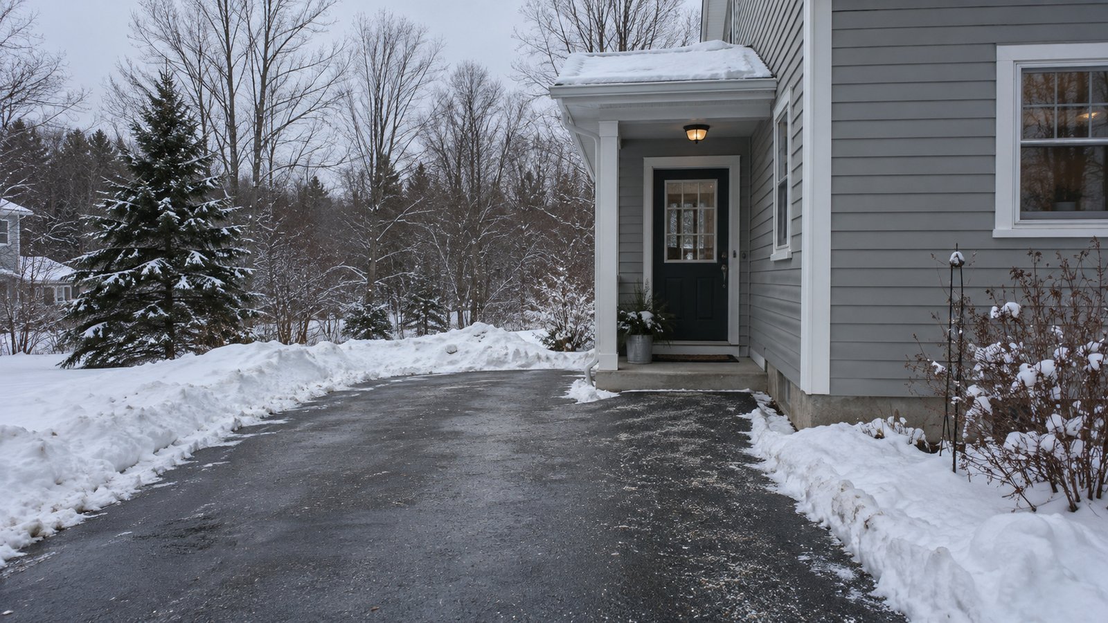 A cleared paved approach to a covered house entrance with snowbanks along the sides