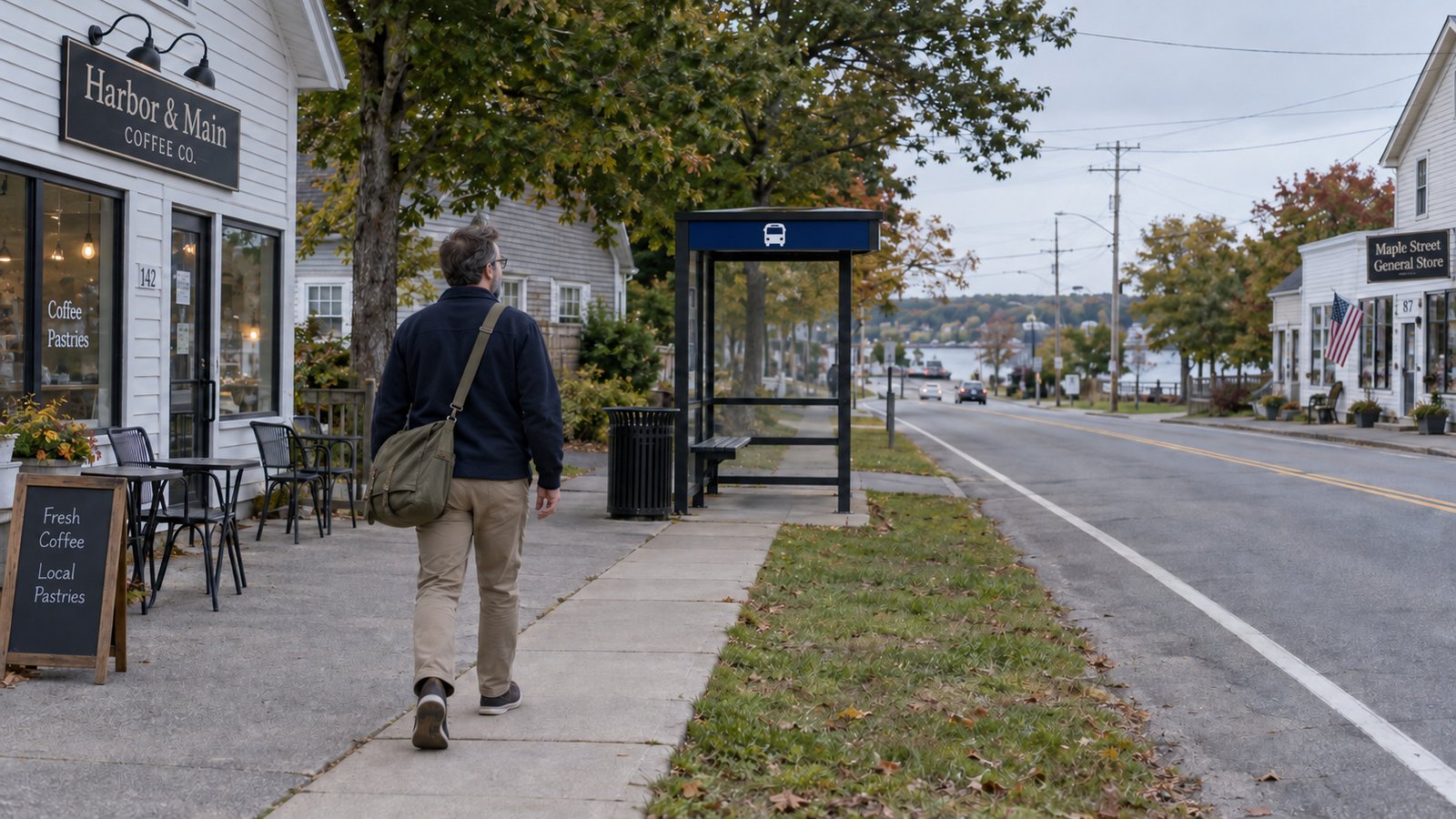 A man with a shoulder bag walking toward a bus shelter along a sidewalk beside small shops