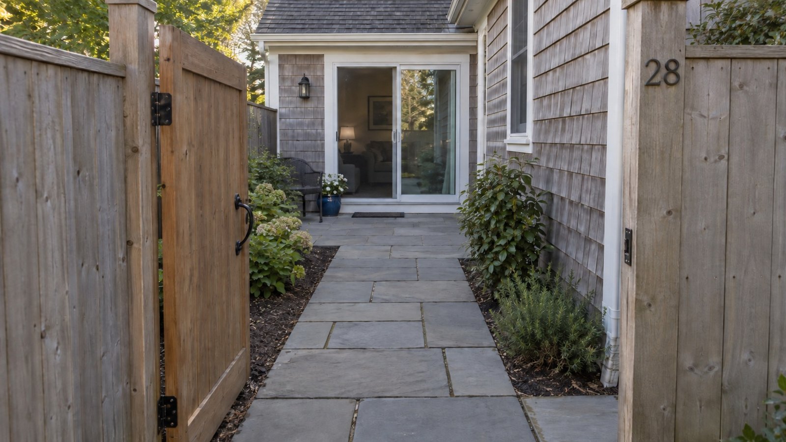 Checking an alternative entrance An open wooden gate and a stone path leading beside a shingled house to a sliding doorway
