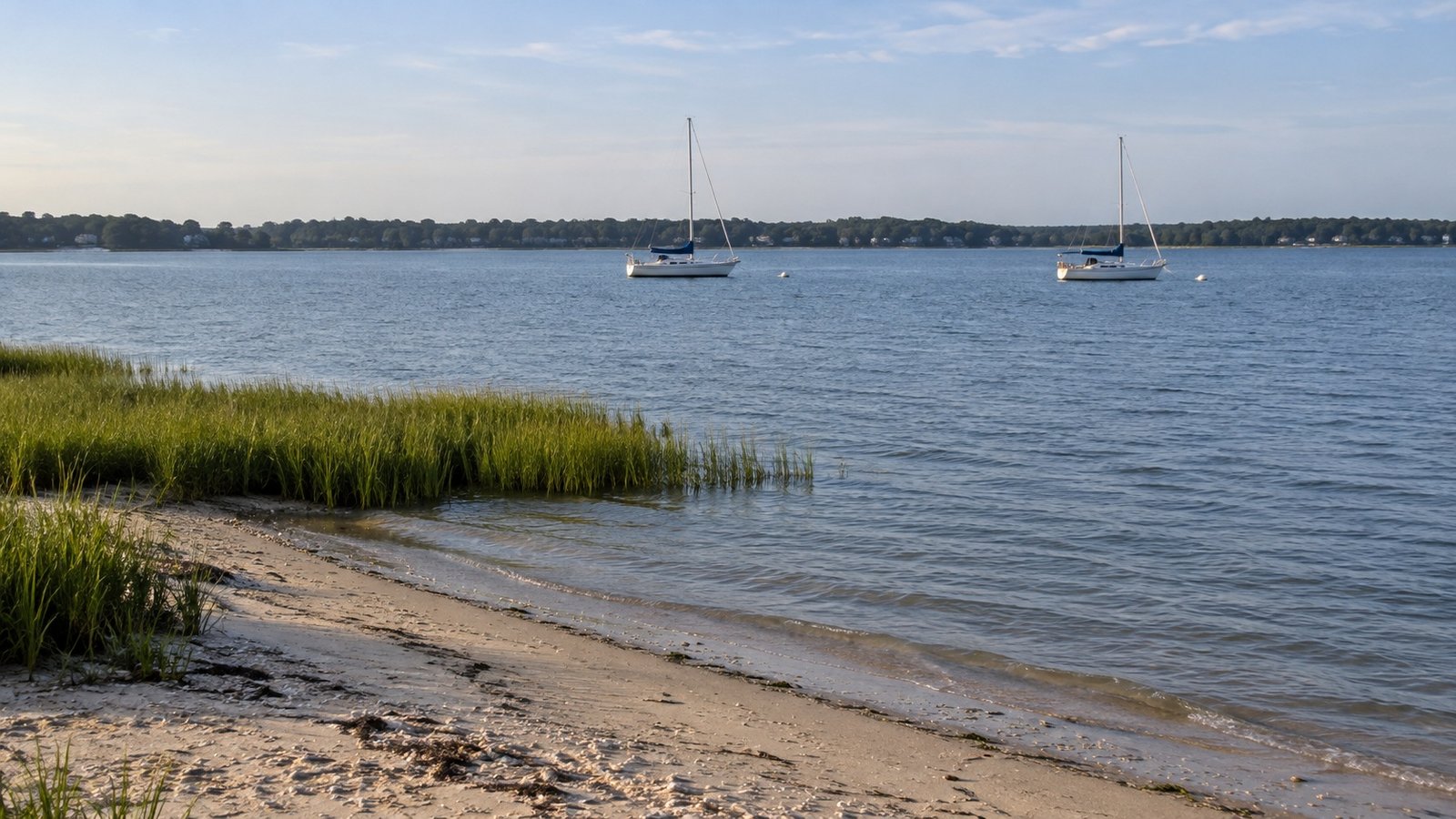 A sandy shoreline with beach grass and two small sailboats moored on calm water