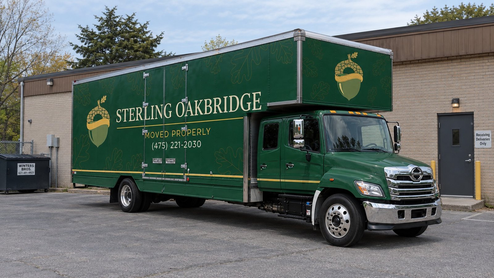 Planning space for a business delivery A green Sterling Oakbridge Hino box truck in a paved loading area beside a commercial building