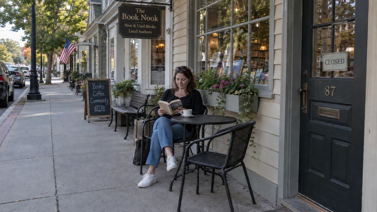 A woman reading at a small outdoor table beside a bookshop, with a cup in front of her