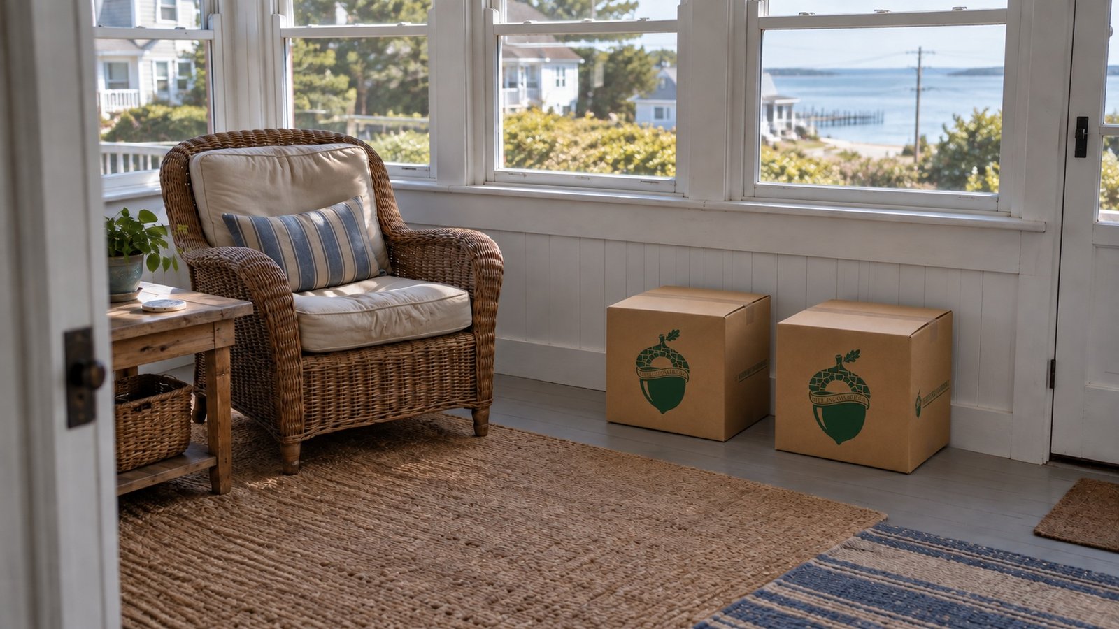 A wicker chair and two kraft Sterling Oakbridge cartons in a white sunroom overlooking water