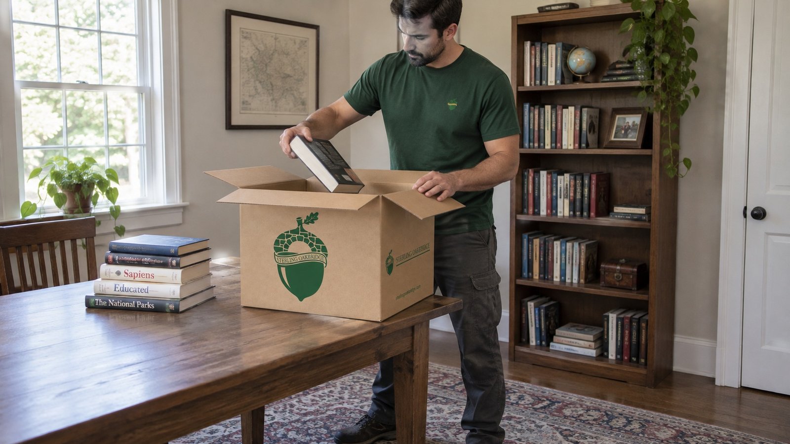 Packing books in smaller cartons A Sterling Oakbridge mover placing a book into an open kraft book carton on a wooden table