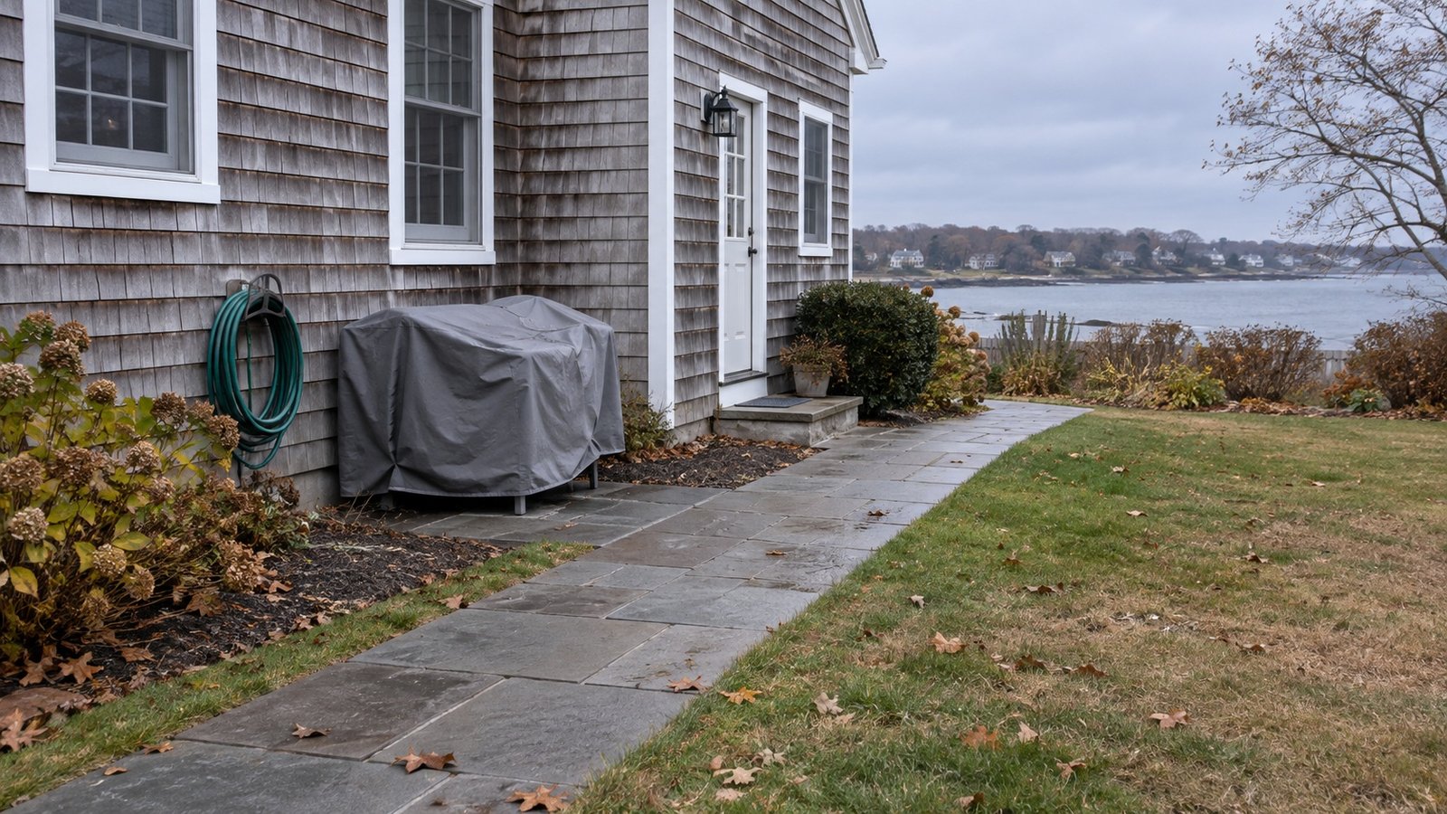 Covered patio furniture, a coiled hose and autumn leaves beside a shingled house near water