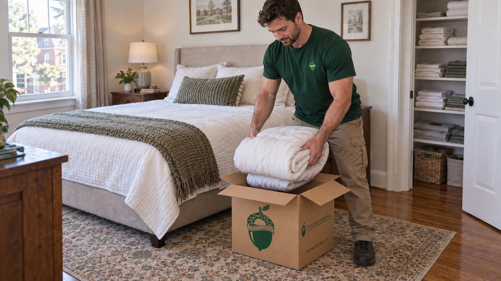 Mover folding bedding into an open Sterling Oakbridge medium carton in a bedroom.