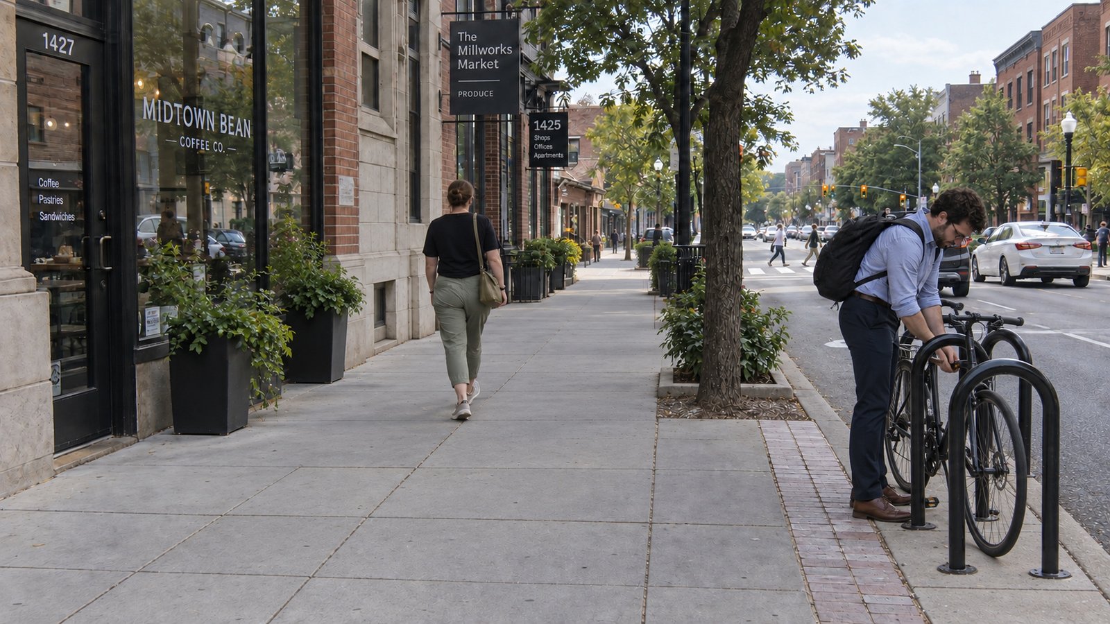 Commuter locking a bicycle parallel to the curb at a curbside rack, with an open walking route beside the shop fronts.