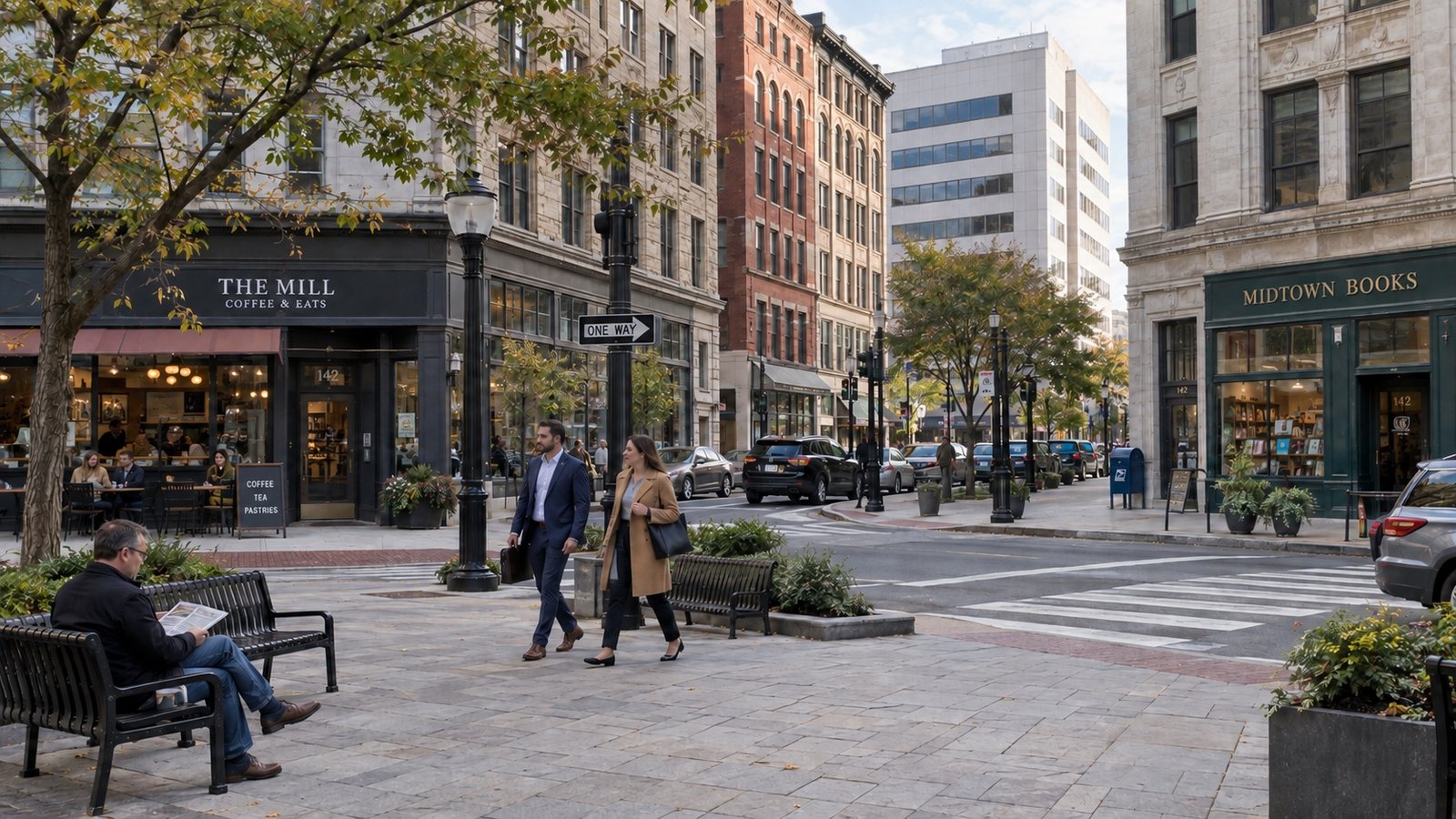 Adults walking across a paved downtown plaza beside benches, shops and an intersection.