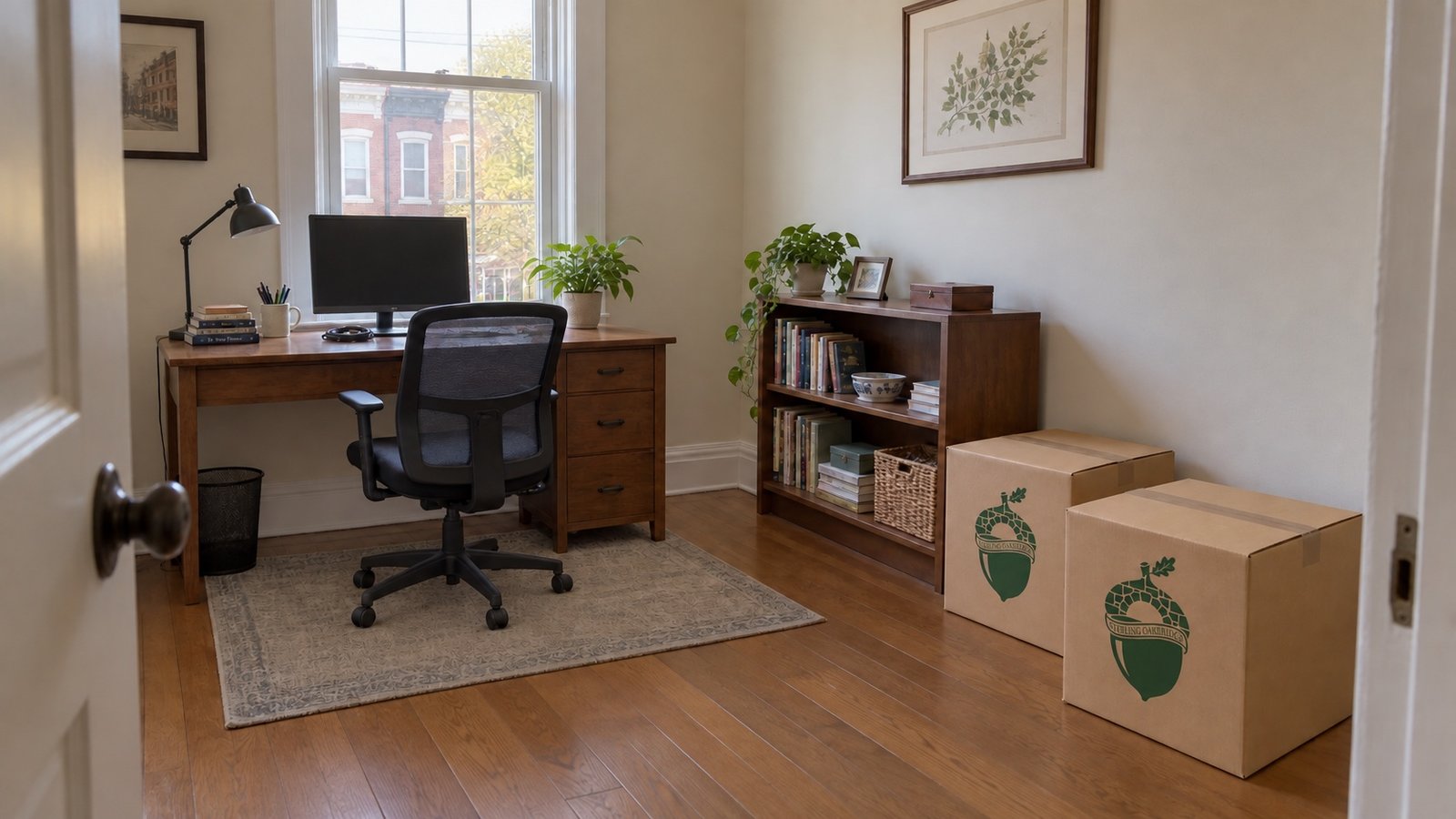 A small home office with a desk, monitor, bookcase and two closed Sterling Oakbridge cartons.