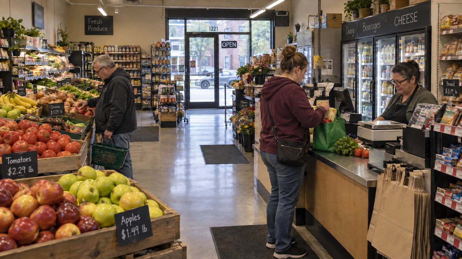 Shoppers buying and choosing produce in a neighborhood grocery.