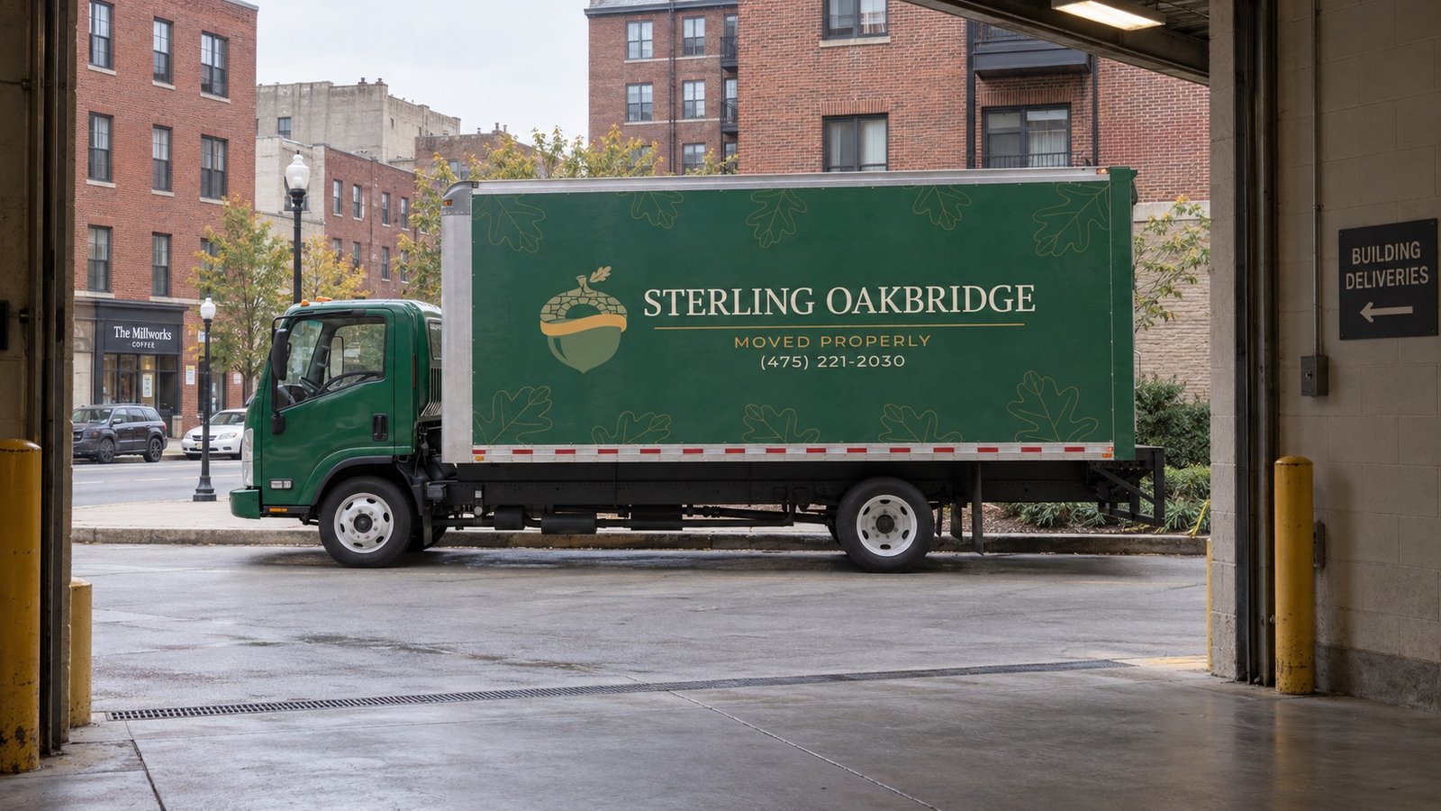 Moving truck seen from the loading entrance A green Sterling Oakbridge box truck in a private receiving court, viewed from a covered service entrance.