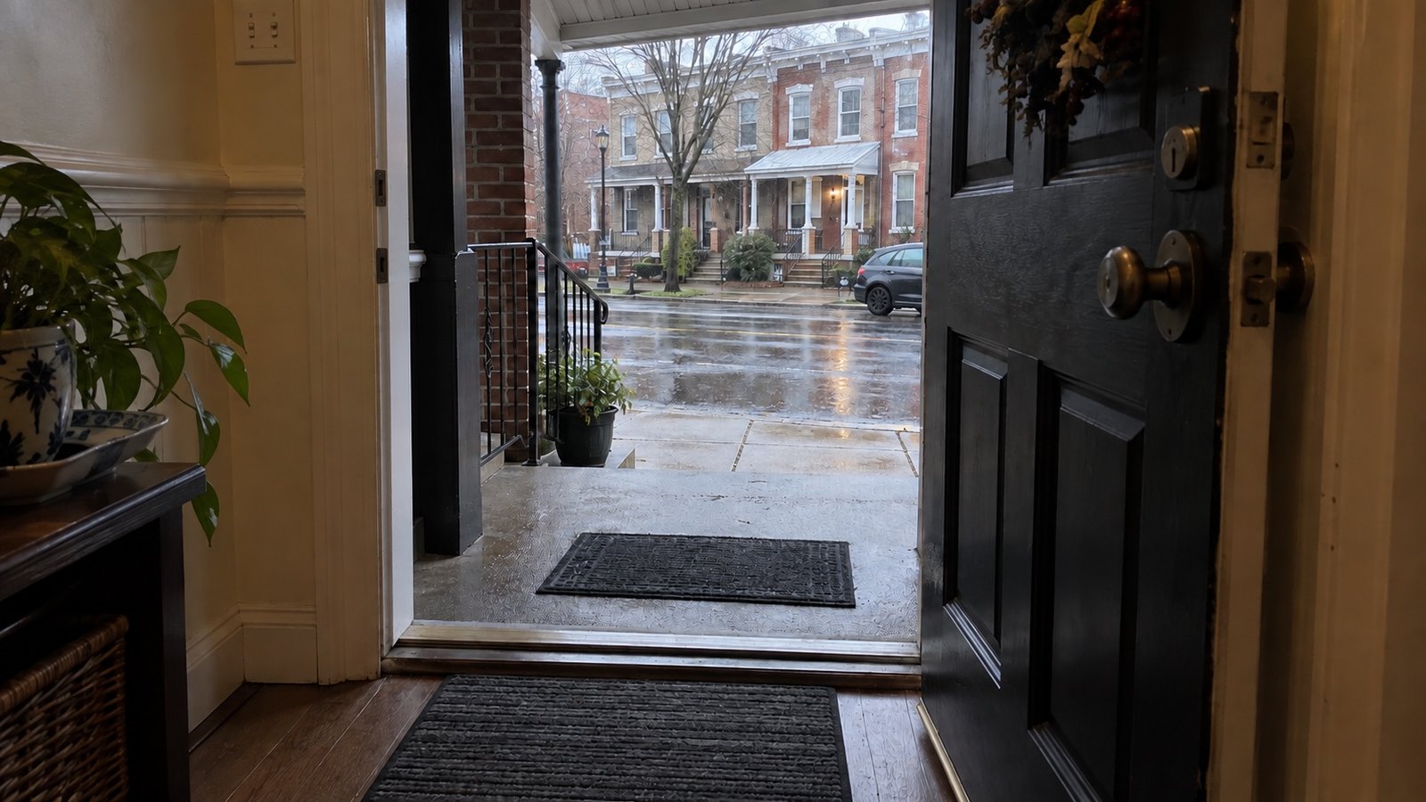 An open rowhouse vestibule with flat floor mats, a covered porch and rain outside.